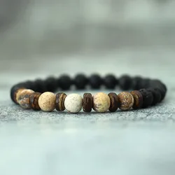 New Natural Wooden Bracelet For Men Meditation Healing Braslet Volcanic Rock Braclet Gemstone Stretch Beaded Brazalete Pulsera