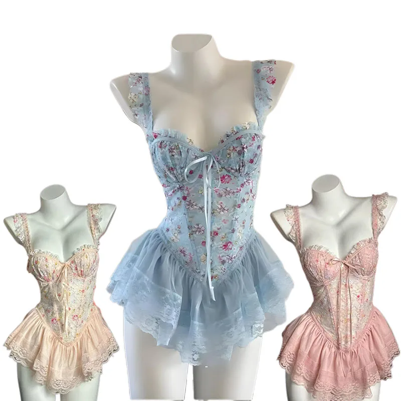 Sweet Flower Fairy Elves Unifrom Outfit Thin Sweet Lace Nightdress Fishbone Corset Clothes Cosplay Costumes Girl Home Dress