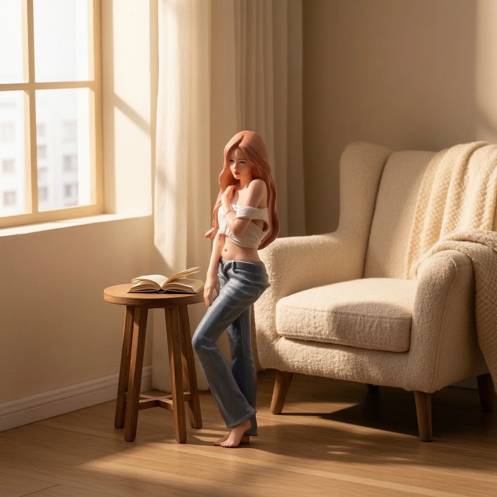 Female Figurine Realistic Resin Miniature Diorama Figure Lifelike Female Figurine with Cropped Pants Expressive for Collectors