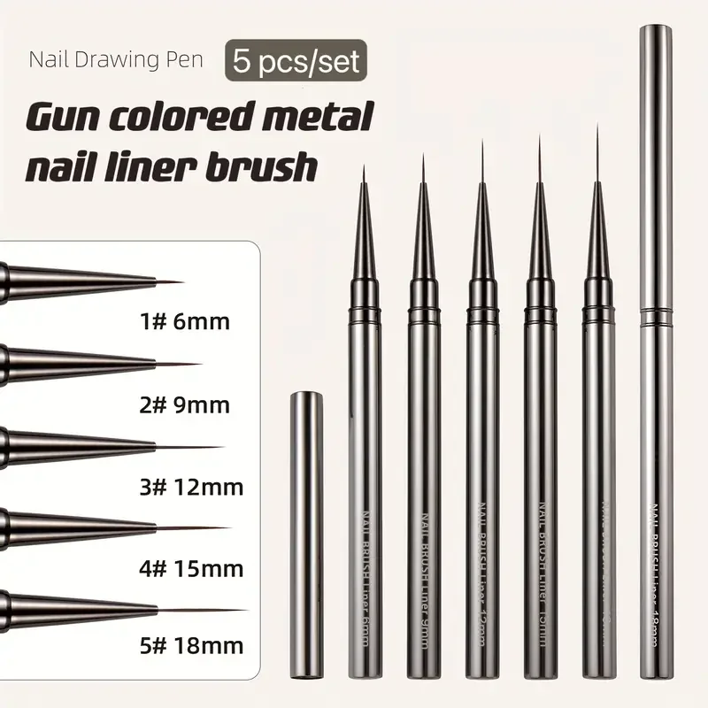 5 pçs pincéis de forro da arte do prego pintado à mão pincel acrílico uv gel cores tintas construtor desenho caneta diy manicure design./'\[p