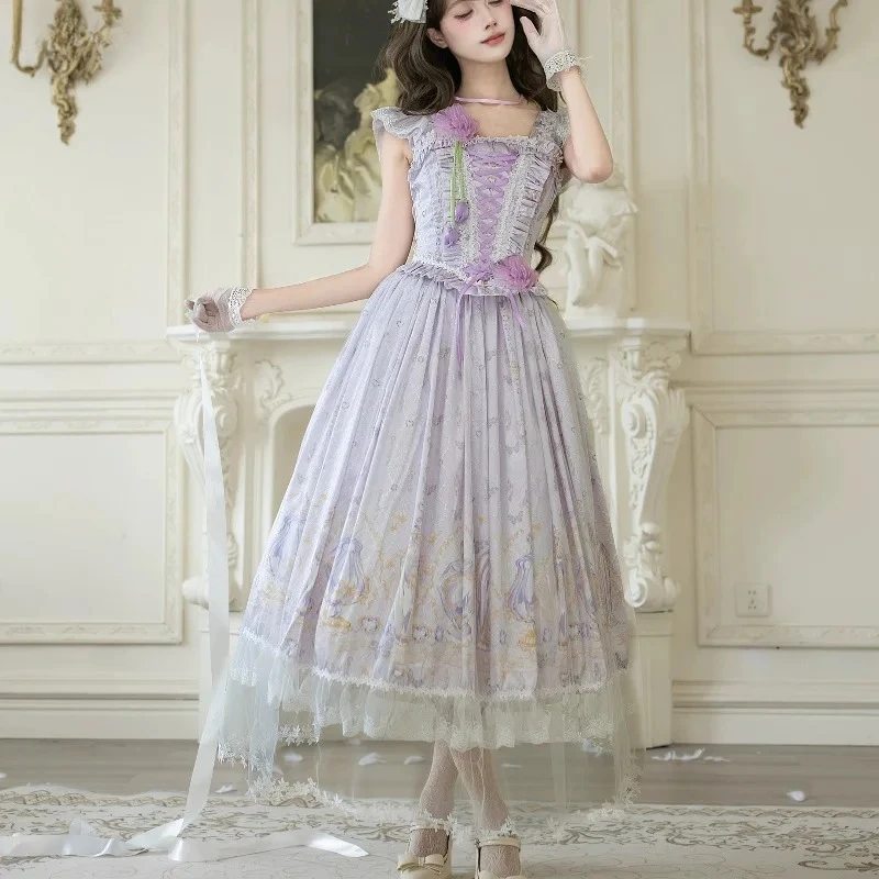 Japanese Sweet Lolita 2 Piece Sets Women Vintage Lace Floral Print Bandage Slim Tank Top Long Skirt Suit Elegant Princess Outfit