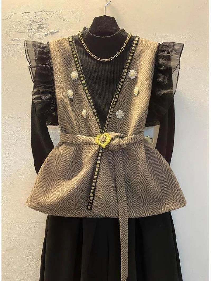 dongda-gate-woolen-vest-jaet-f-high-collar-base-irt-skirt-faionable-tee-two-piece-set-other-material-winter-s