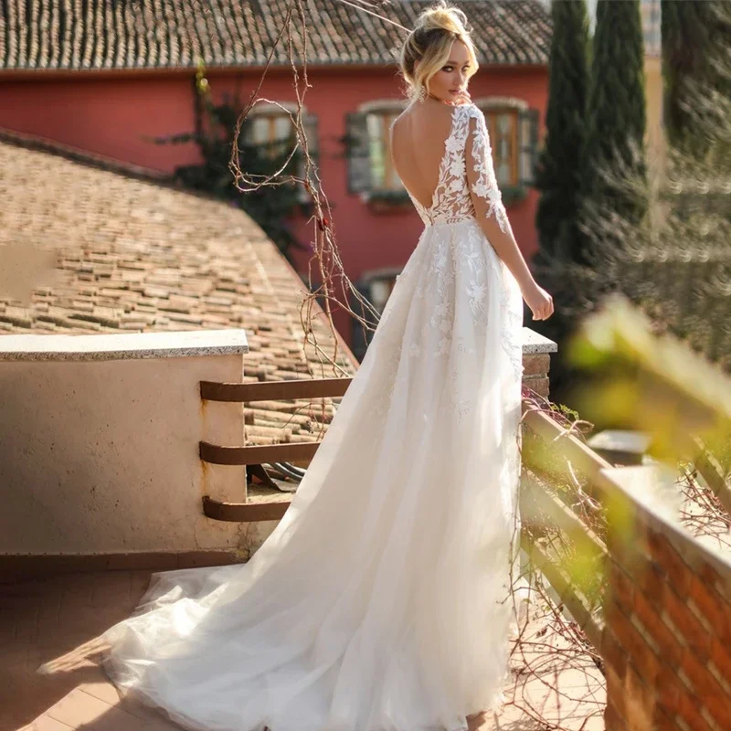 Vestidos de casamento com apliques de renda, vestidos de noiva elegantes, mangas compridas, decote em V, sem encosto, simples, 2022