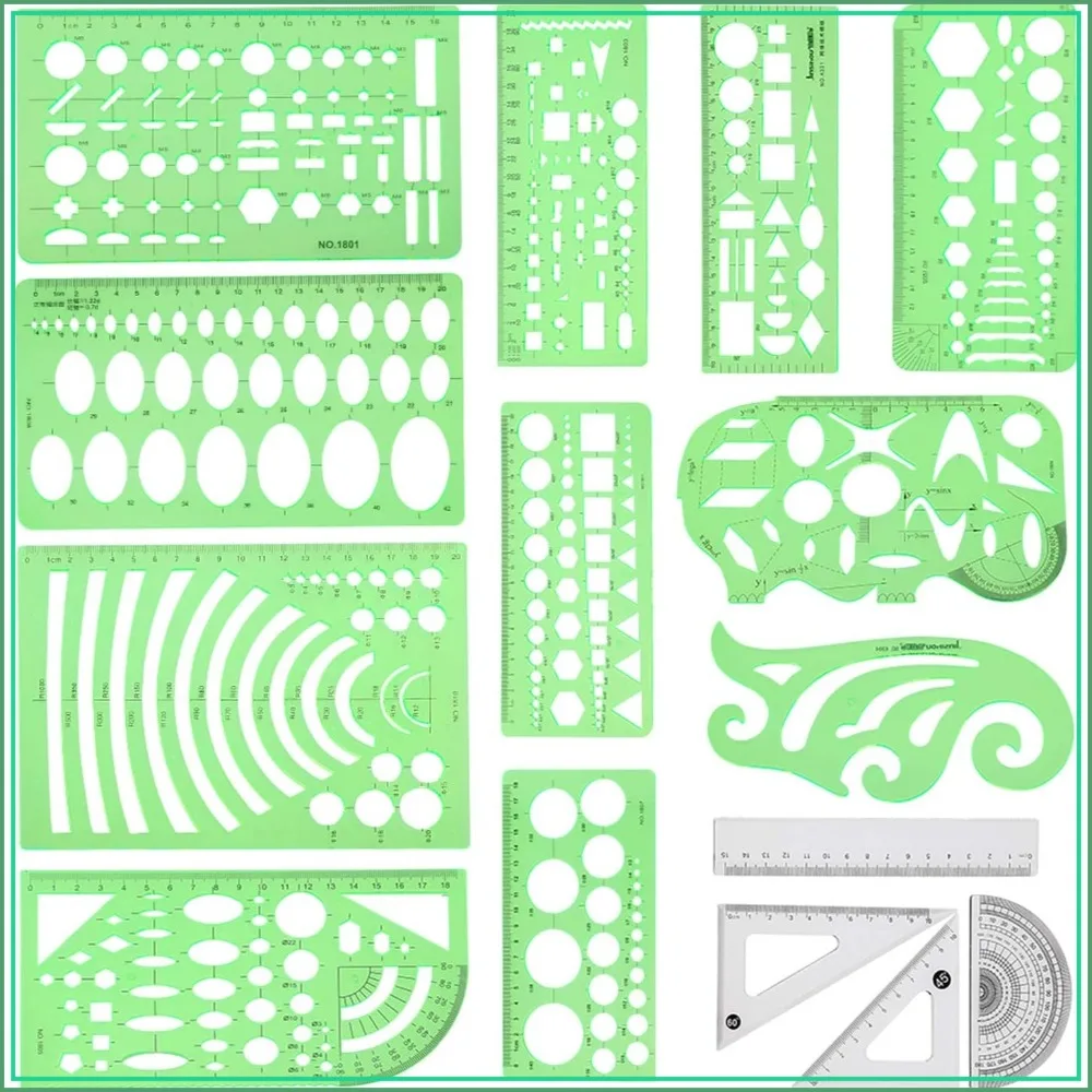 

Geometric Drawings Templates Measuring Geometry Rulers 15 Pcs with File Bag for Design School Office