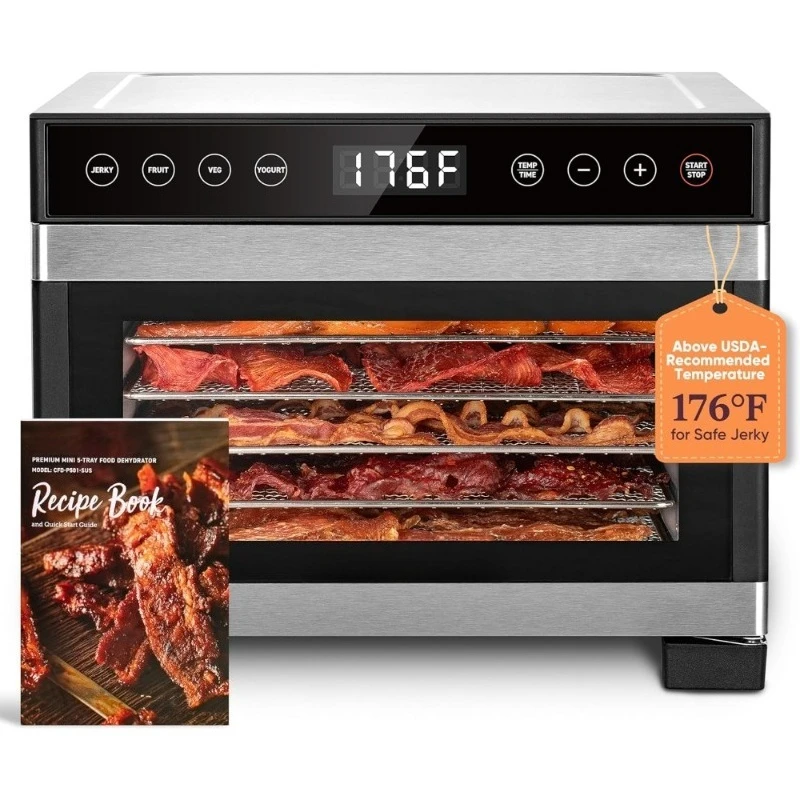 

Сушилка для еды (дегидратор) для вяленого мяса, 5 лотков из нержавеющей стали, регулируемый контроль температуры, 4 предустановленных режима, таймер на 48 часов для мяса, фруктов, овощей