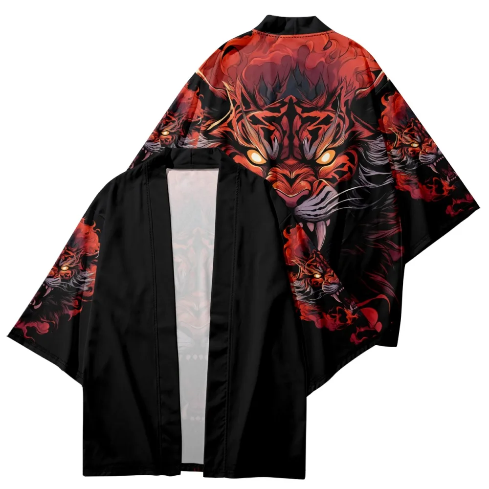 النمط الياباني أنيمي النمر طباعة التقليدية كيمونو الرجال يوكاتا سترة قمصان تأثيري Haori المتضخم ملابس الشارع الشهير #1