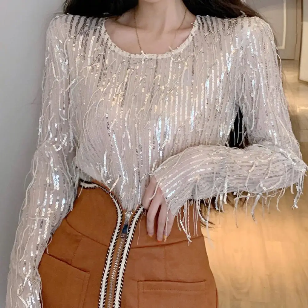 Women Casual Tee Glittery Long Sleeve T-shirt Sequin Glitter Tops Stylish Women's Long-sleeved Tassel Shirts Casual Loose for A