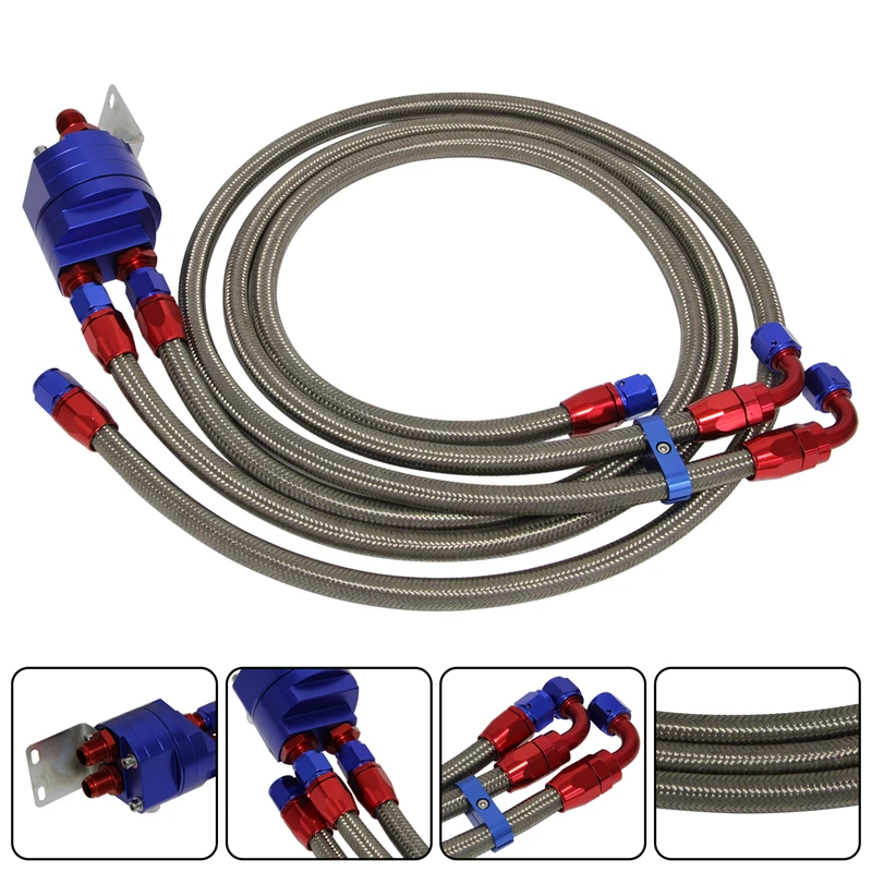 AN8 Alloy 8-AN Relocation Oil Filter/Sandwich Adapter kit + Steel/Steelness Braided Oil/Fuel line