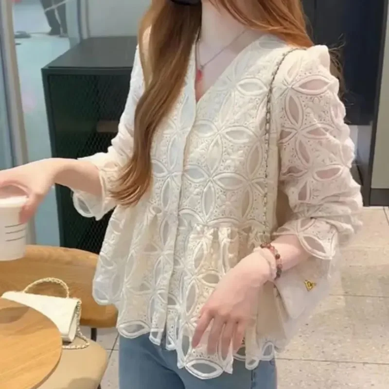 

Commute Korean Fashion Hollow Out Blouse Spring Summer Nine Quarter Sleeve Women's Clothing Elegant V-Neck Single-breasted Shirt