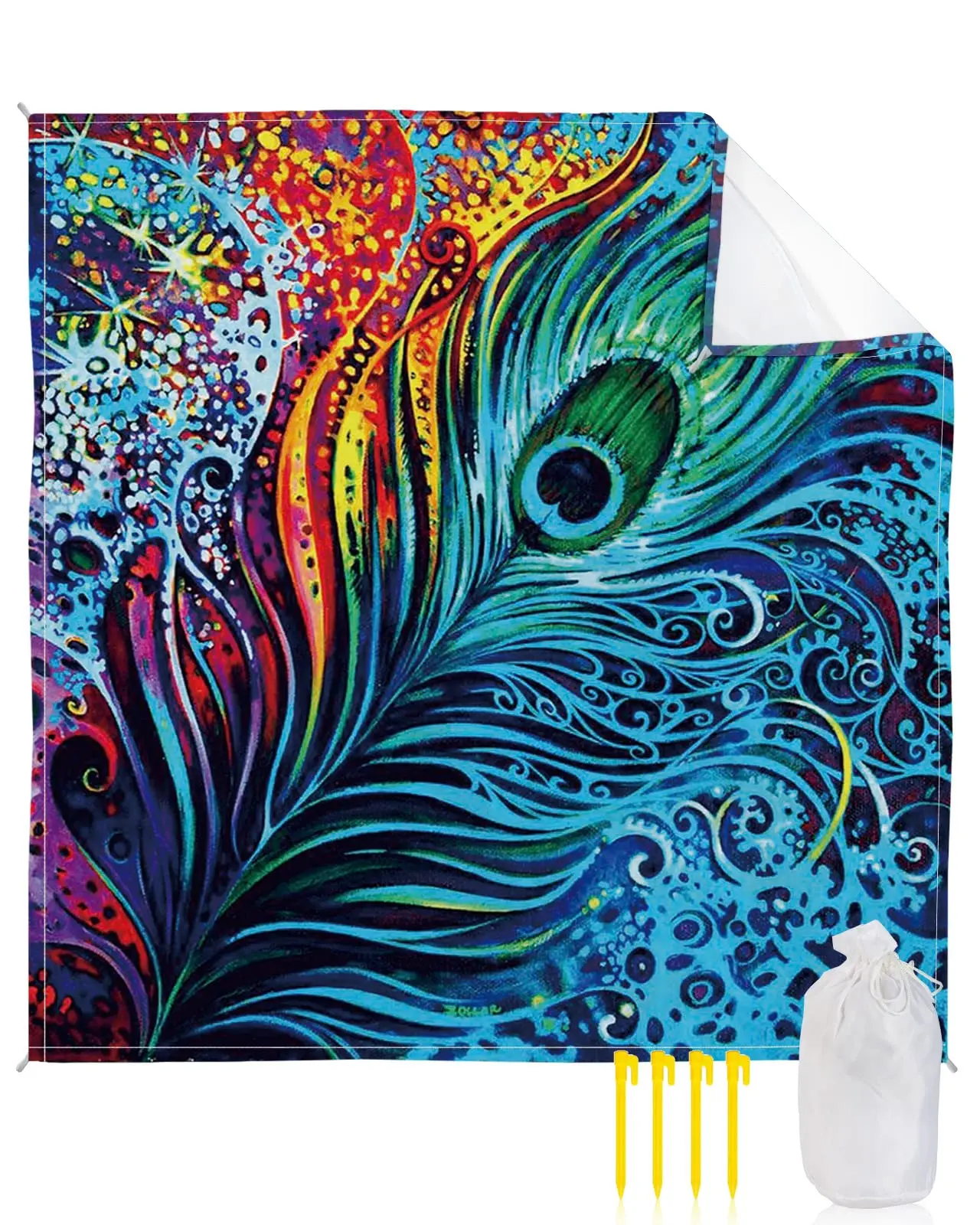 Beach Blanket Picnic Blankets,Feather Peacock Multicolour Sandproof Waterproof Foldable Beach Blankets for Camping,Grass,Beach