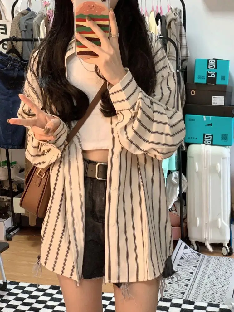 

Spring Summer Beige Striped Sunscreen Shirt Women Korean Fashion Long Sleeve Ladies Single Breasted Blouse Tops High Street Chic