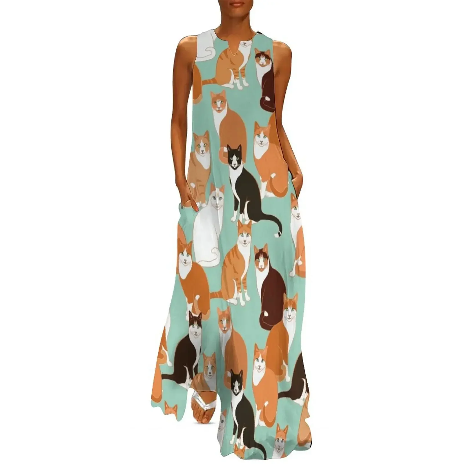 

Ginger Cats on mint Long Dress dress for women summer women's summer dress 2025 vintage birthday for women