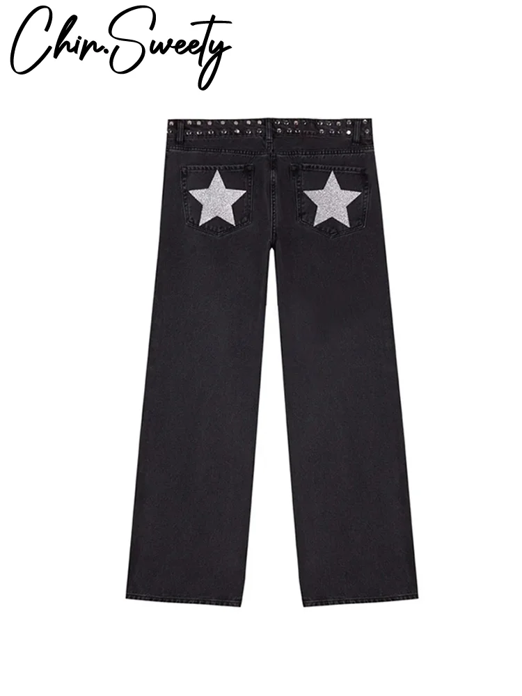 

Casual Denim Stars Jeans Women Fashion Loose Straight Rivet Solid Long High Waist Trousers Female 2026 Spring Lady Bottoms New