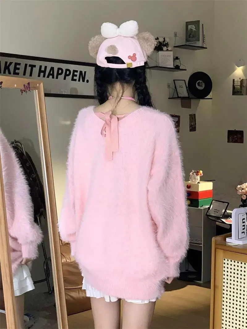 Sweet Cute Style Fuzzy Knit Sweater Women Kawaii Pink Bow Tie Halter Pullover V Neck Long Sleeve Dog Embroidery Winter Warm Top