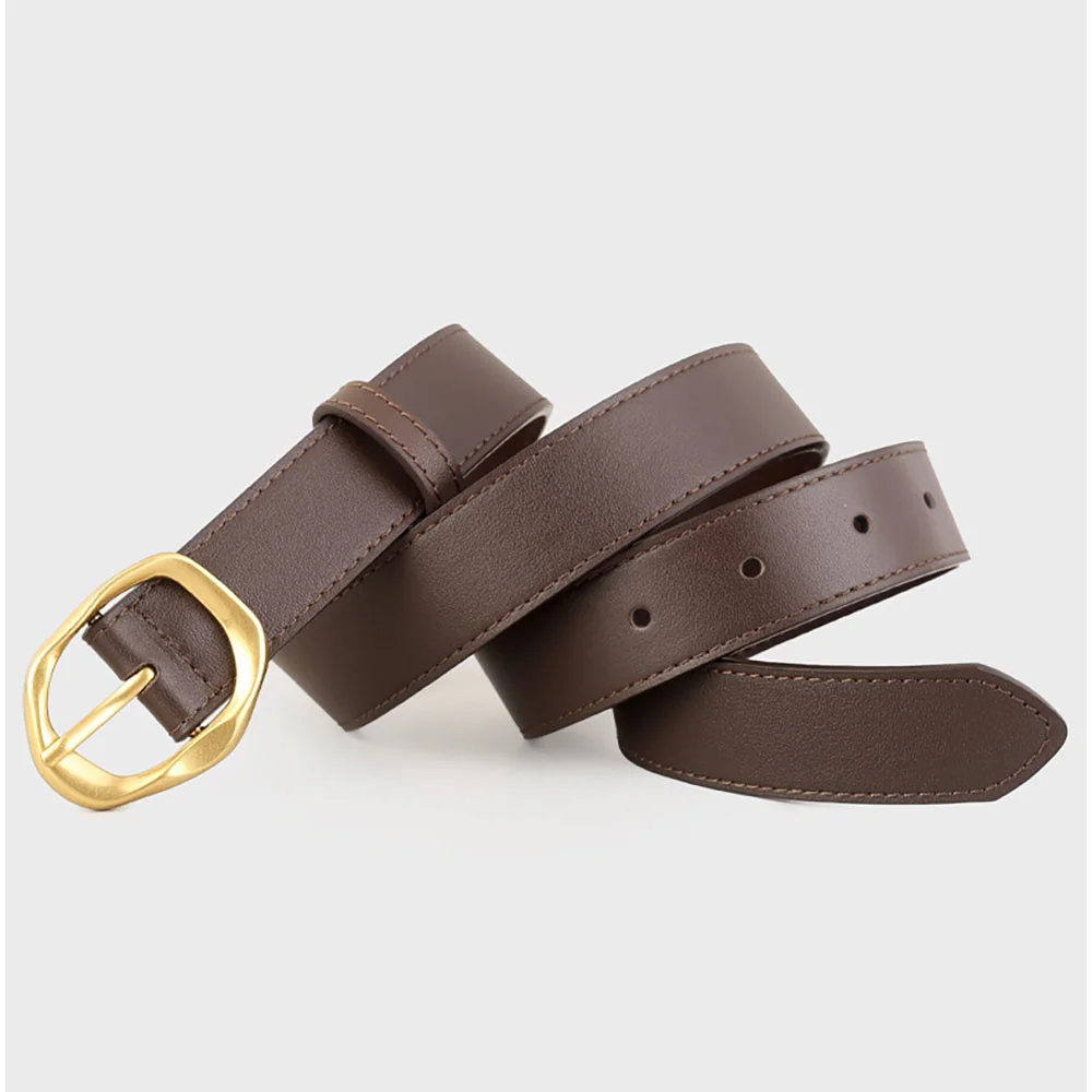 Ceinture Vintage en cuir véritable pour femmes, couleur or, boucle ovale, luxe, tendance, pour robe en jean