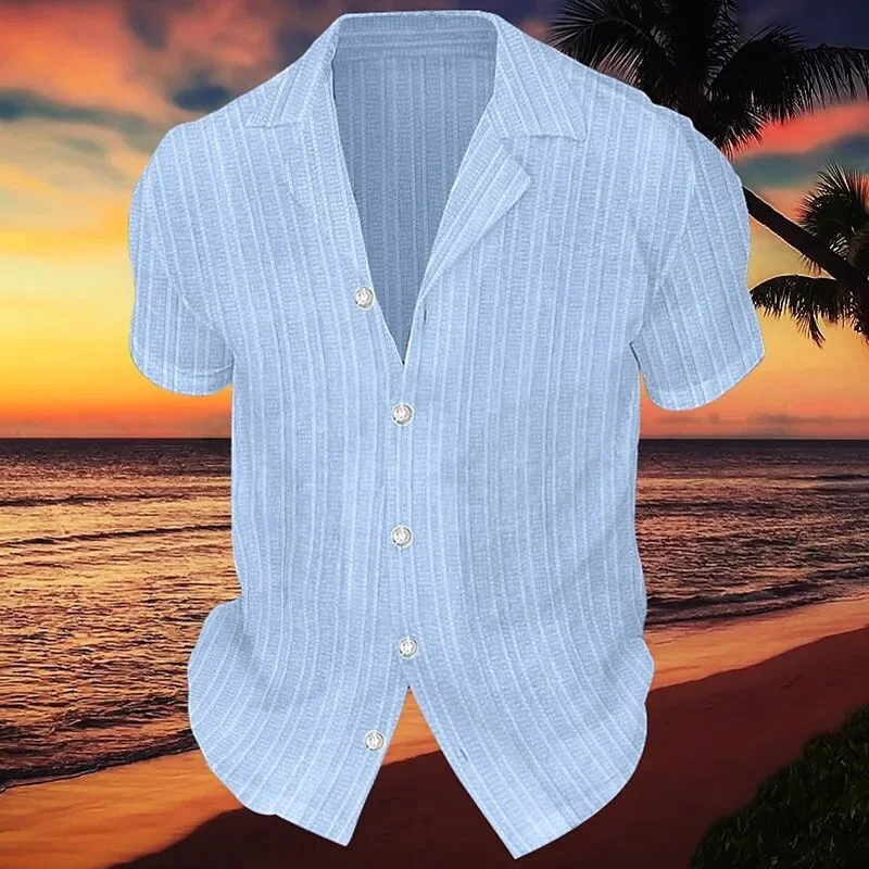 New Men's Solid Color Casual Short Sleeve Shirts Summer Lapel Button-up Striped Cardigan Tops Male Daily Vacation Beach Blouses