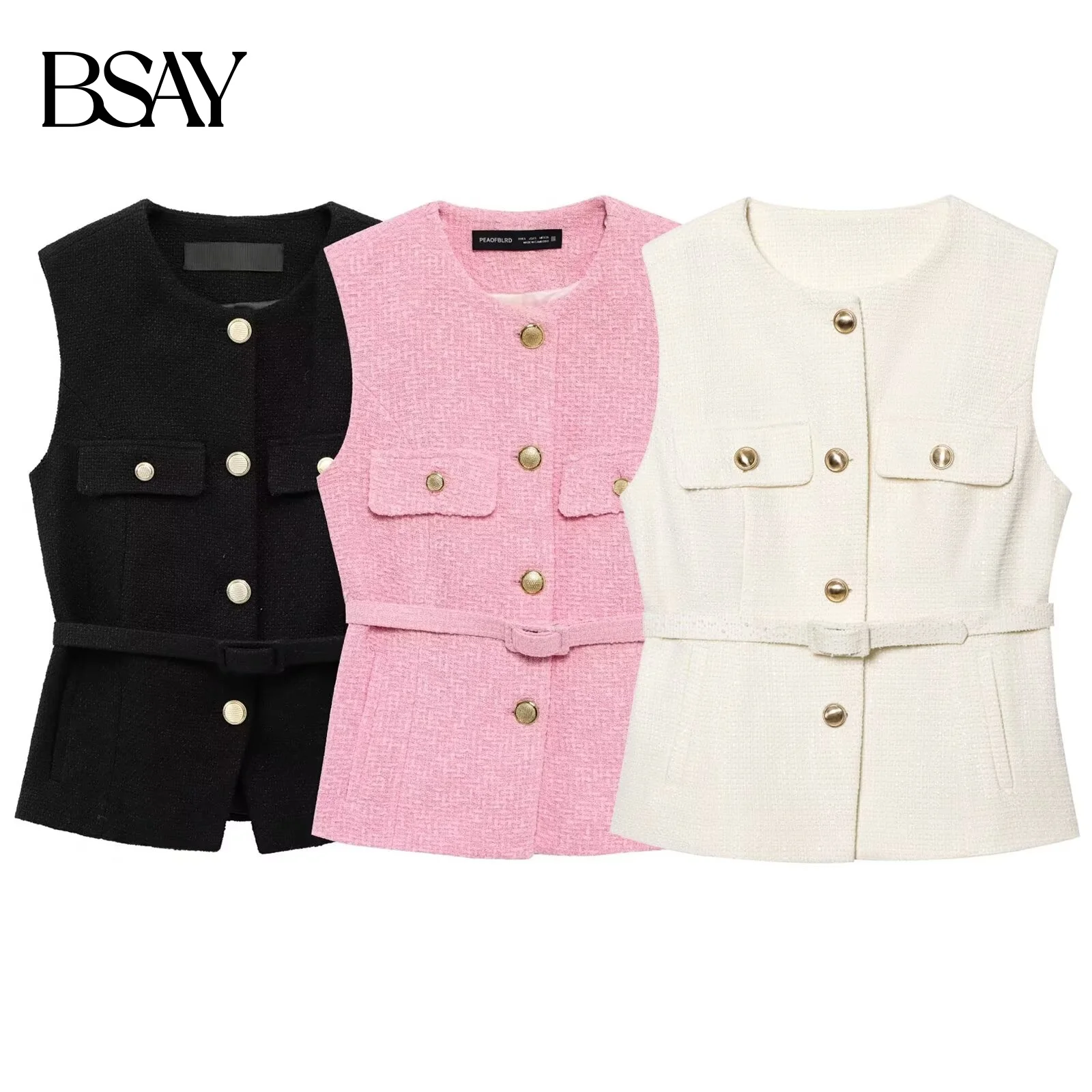 

BSAY минималистичная металлическая пряжка с ремнем, женская одежда без рукавов, осень 2022, новый жилет с круглым вырезом и текстурой в стиле панк