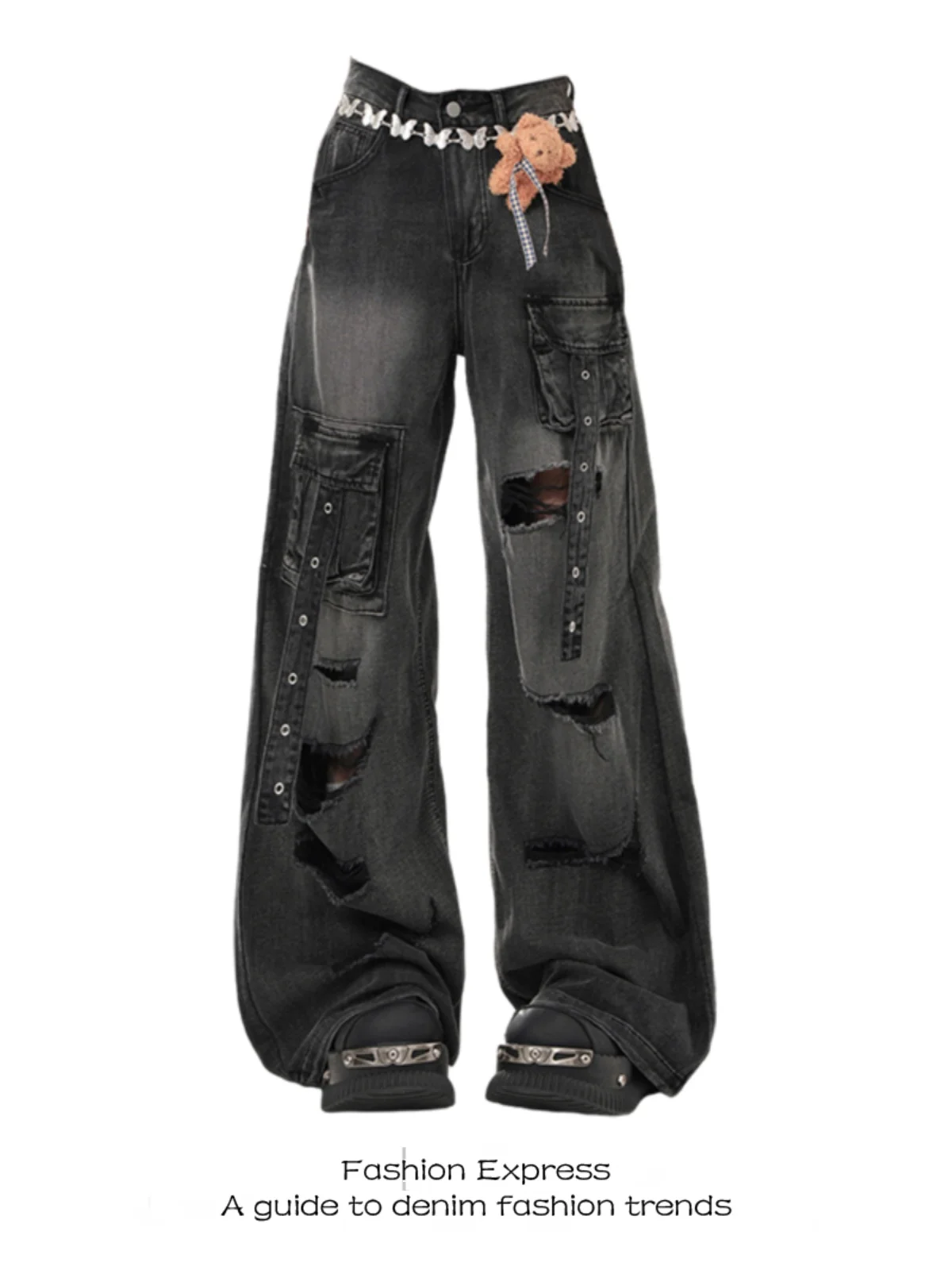 

Американские джинсы в стиле High Street для женщин больших размеров, черные, рваные, с дырками, в рабочем стиле, брюки в пол с множеством карманов