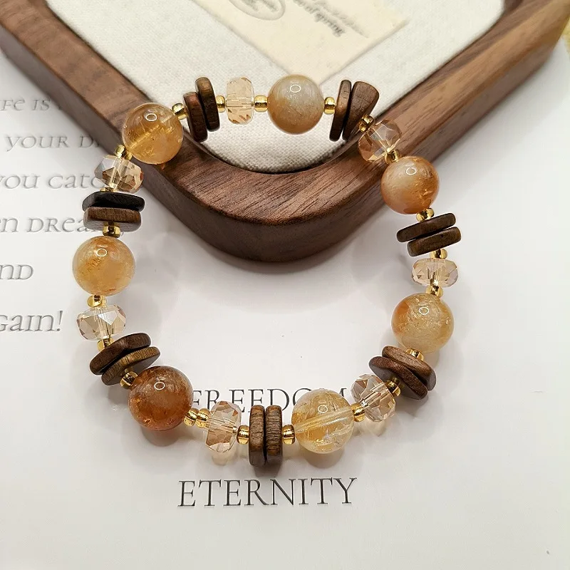 Chinese Style Lucky Fortune Blessing Natural Yellow Citrine 10mm Beads Retro Sandalwood Bracelet For Women Wealth Attract Wrist