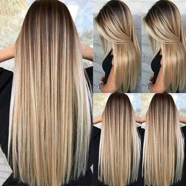 Women Real Long Straight Hair Bangs Natural Ombre Blonde Cosplay Wig