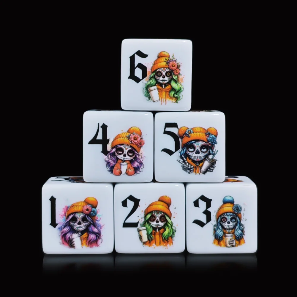 12Pcs 16MM Full Printed Acrylic D6 Dice, Cute Orange Beanie Sugar Skull Pattern Six Sided Gaming Cube