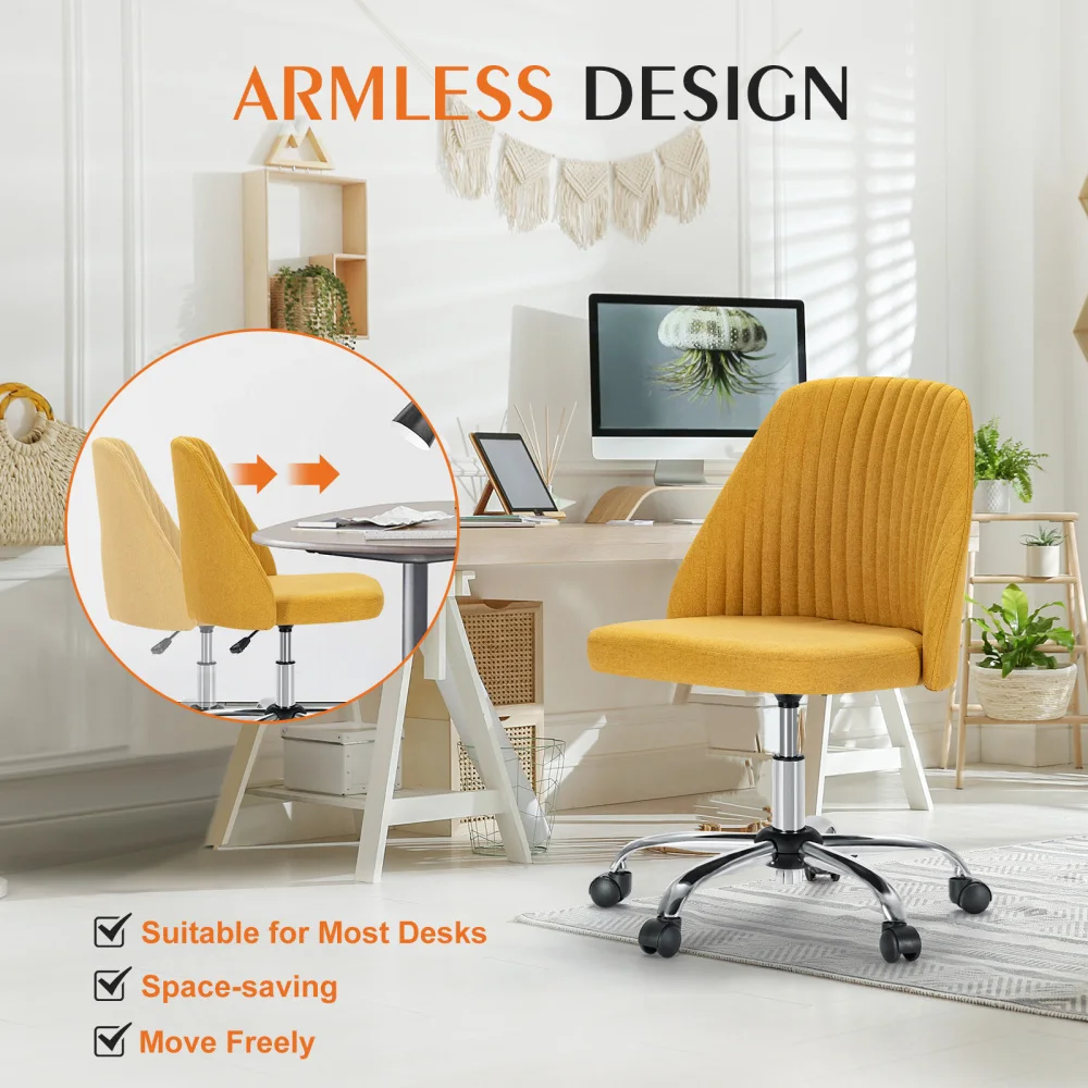 Armless Office Desk Chair, Modern Fabric Home Chairs with Wheels Adjustable Swivel Task Computer Vanity Chair for Small Spaces