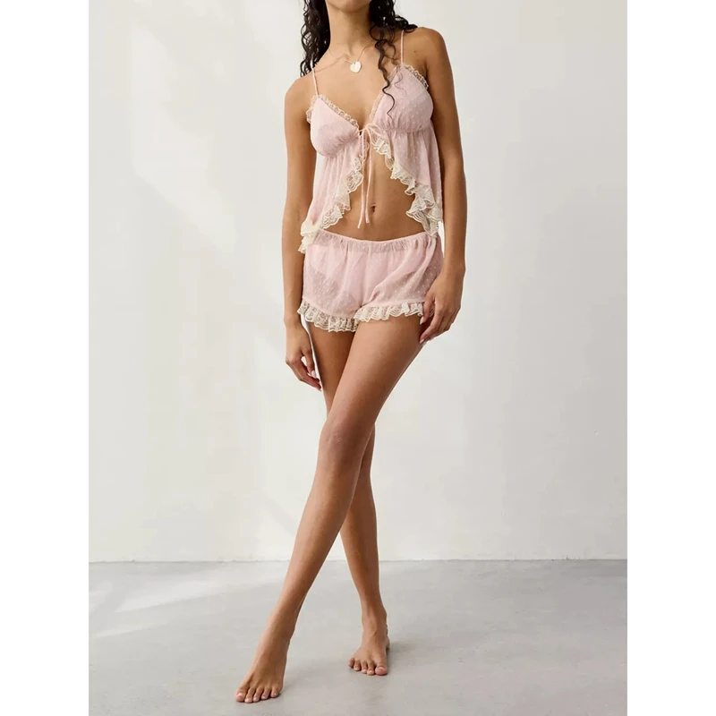 Women's 2Piece Sheer Pajamas Set Ruffle Lace Trim Tie-Up Split Front Sleeveless Cami Tops and Shorts Loungewear Outfits