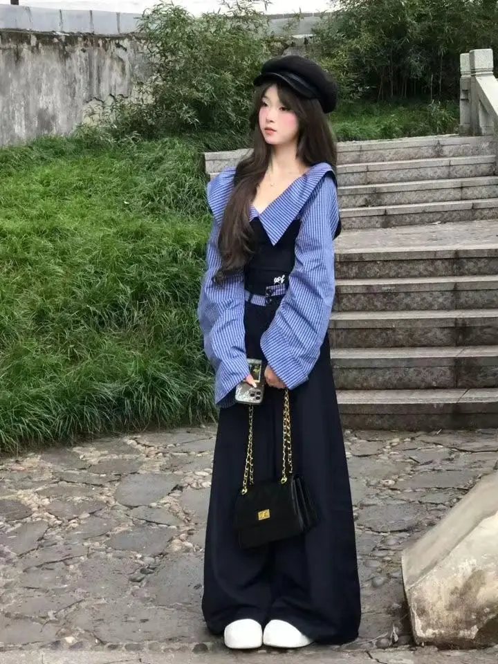 

Casual Pants Set Women's Spring Korean Sle One oulder Striped Splicing irt Wide Leg Pants Two Piece Set College Sle