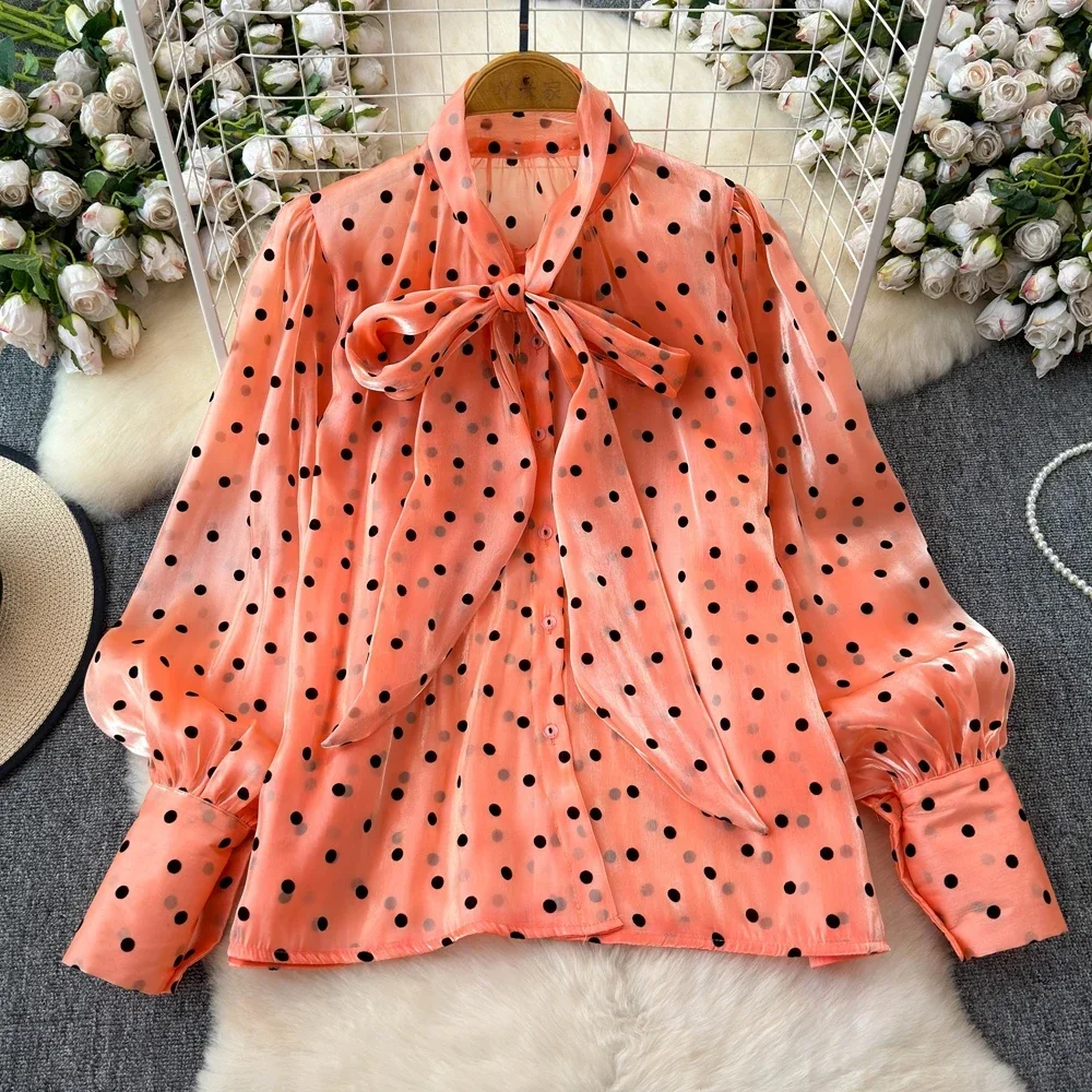 2025 New Spring Summer Women Vintage Lantern Long Sleeve Shirt Bow Lace Up Collar Polka Dot Print Loose Shirt Tops