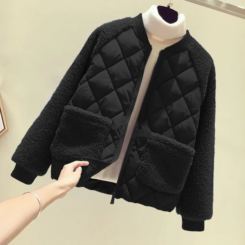 

Ladies Thickened Short Cotton Jacket Lamb Velvet Splicing Winter Outerwear Korean Style Commute Fashion Autumn Polyester