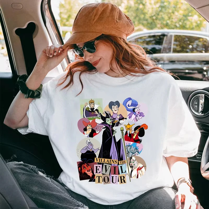 

Летняя футболка Disney Villains The Evil Tour для девочек и детей, семейная одежда для родителей и детей, повседневная свободная женская одежда большого размера с коротким рукавом