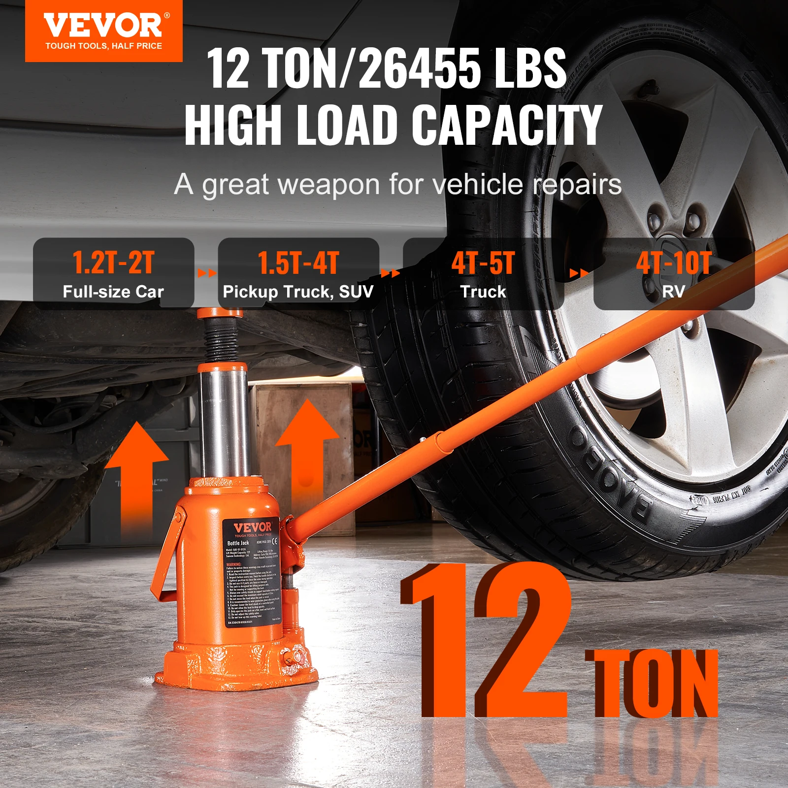 VEVOR แจ็คขวดไฮดรอลิก 12T/20T ทั้งหมดเชื่อมแจ็คขวด 3 ส่วนยาวสําหรับรถกระบะ,รถบรรทุก,รถยนต์,RV,ซ่อมรถยนต์