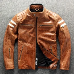 Brown Men Motorcycle Style Leather Jacket Large Size XXXL Genuine Natural Cowhide Spring Slim Fit Biker's Coat