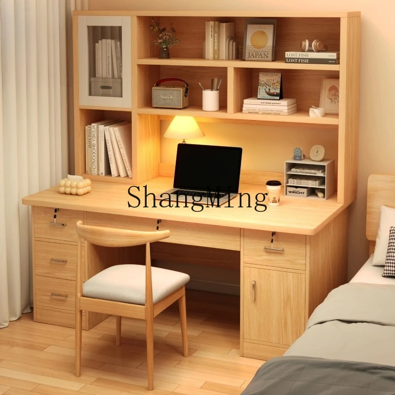 

FG Solid Wood Computer Desk Desktop Bookcase Integrated Bedroom Writing Desk Student Home Learning
