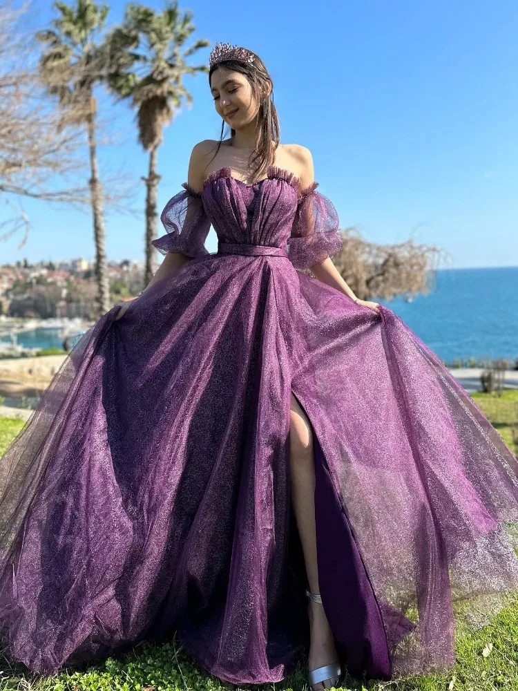 Shiny Purple Tulle Prom Dresses Half Sleeves Side Slit Modest Formal Floor Length Evening Party Gown Vestido