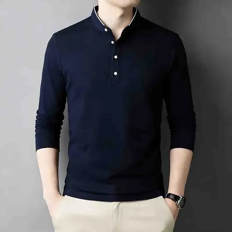 Premium Men's Stand Collar Long Sleeve Polo Shirt, Breathable Half Button Placket Casual Tee for Spring & Autumn