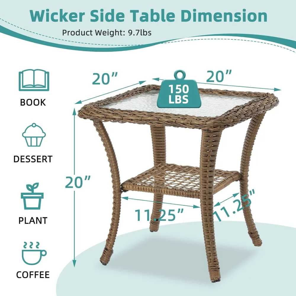 All-Weather Wicker Outdoor Side Table with Tempered Glass Top and Storage Shelf, Durable Patio Rattan Furniture for Small Spaces