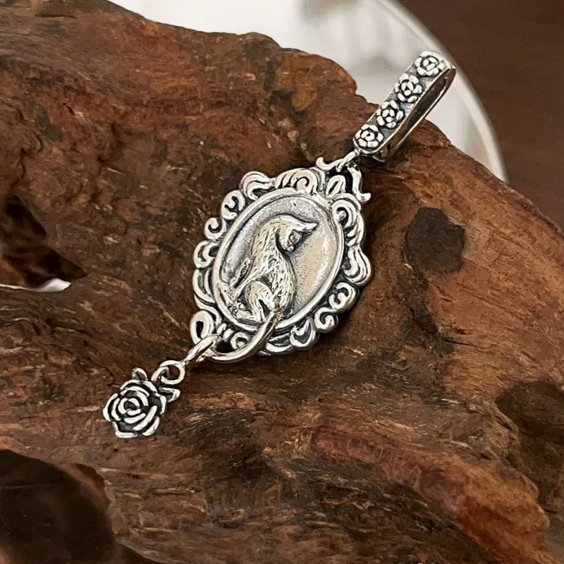 BOCAI New S925 Silver Vintage Niche Fashionable Purple Zirconia Rose Fishtail Buckle Round Card Cat Pendant Female Gift