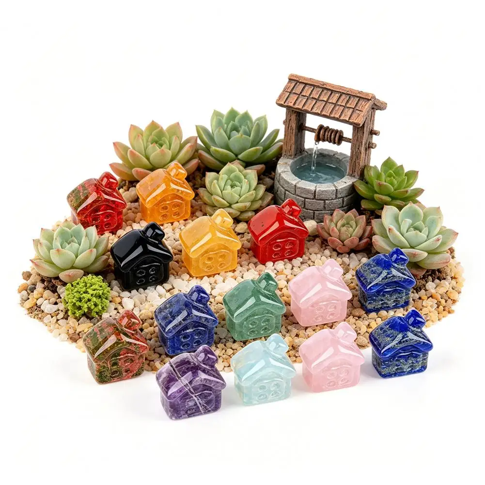 Natural Stone Mini House Figurine Hand Carved Gemstone Polished Desktop Ornament for Home Office Shelf Decor DIY Meditation Gard