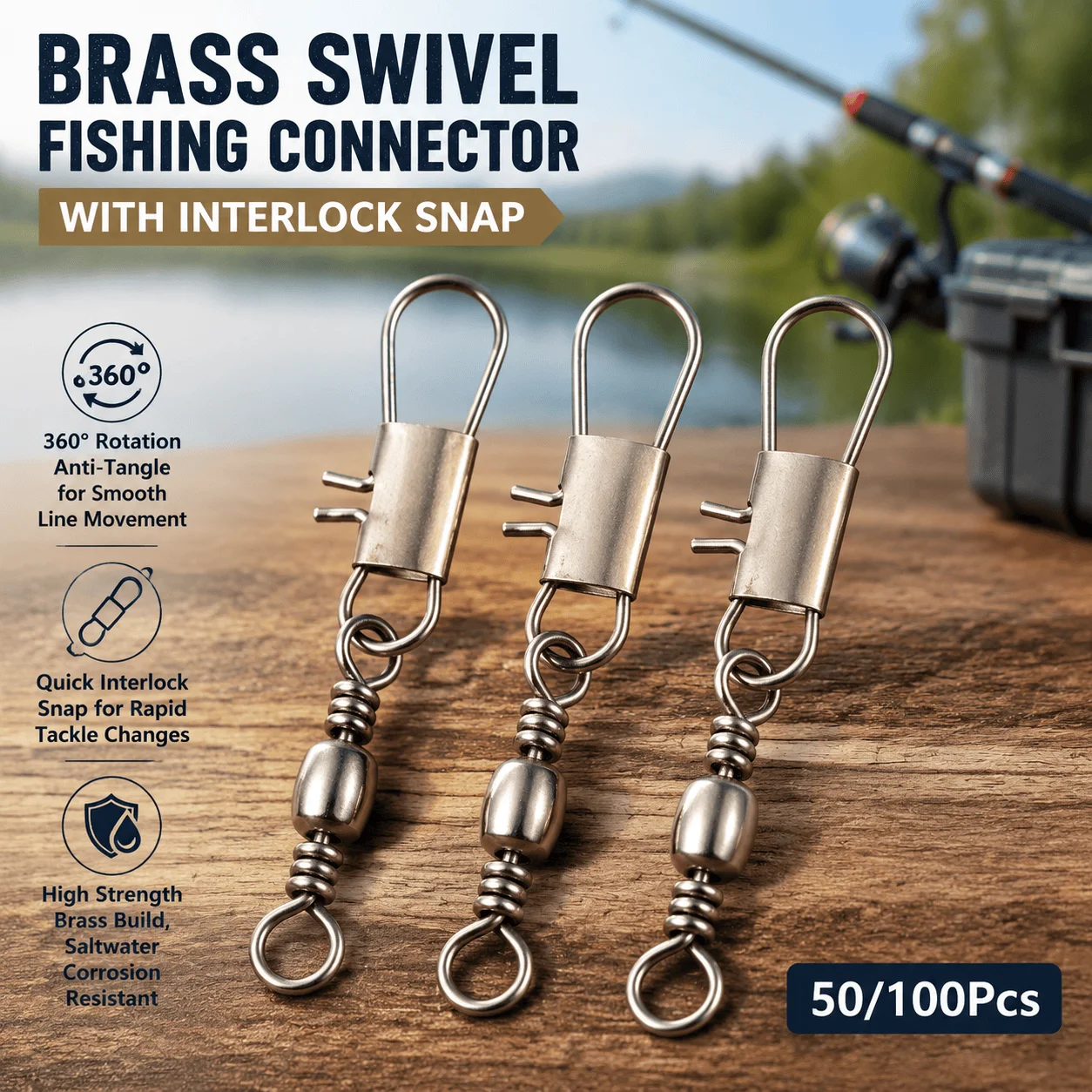 Brass Swivel Fishing Connector 360 Rotation Anti-Tangle Interlock Snap High Strength Saltwater Tackle Lines Quick Change Barrel