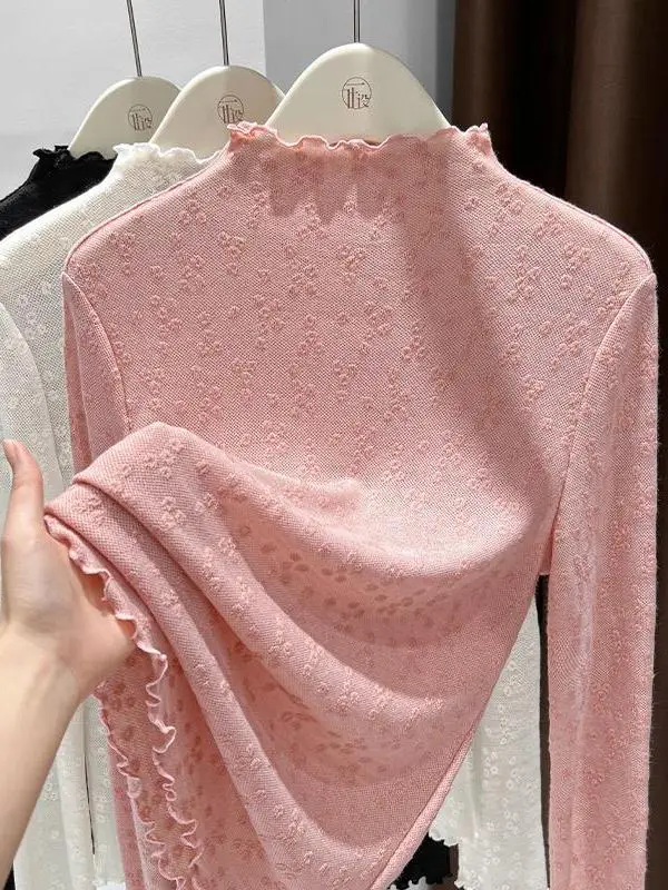 

Вязаная базовая рубашка с высоким воротником для женщин: модный дизайн, мягкая, нежная, с цветочной вышивкой, приталенная, не обтягивающая, топ.