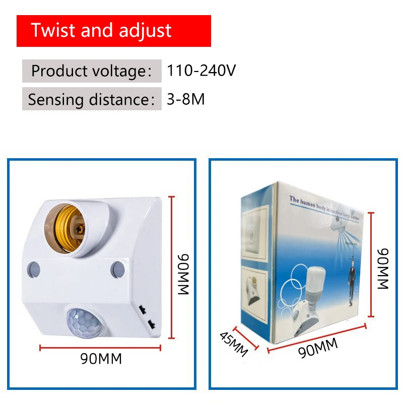 

Infrared human body sensing lamp holder, intelligent delay adjustable switch, household hallway surface mounted E27 sensing lamp