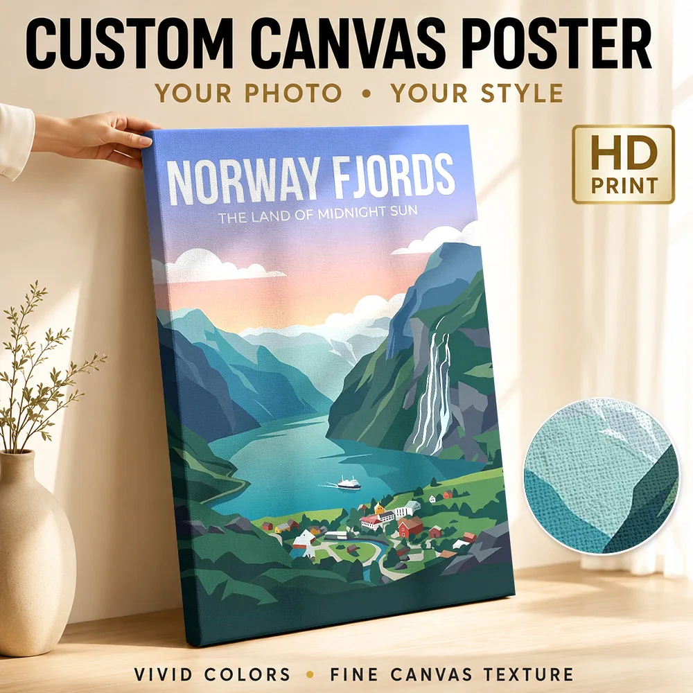 Norway Fjords Travel Wood Framed Canvas Poster Customized Photo Scenic Illustration Wall Art For Living Room Housewarming Gift
