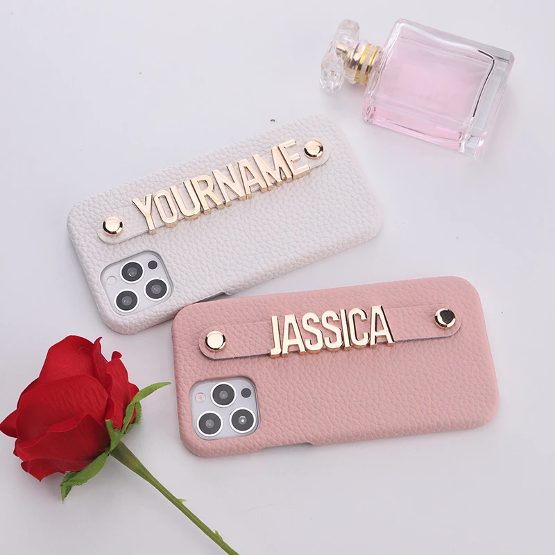 

Holding Strap Personalization Custom Metal Name Leather Mobile Phone Case Cover For iPhone 15 14Pro 13Pro Max Mini XR X 8Plus X