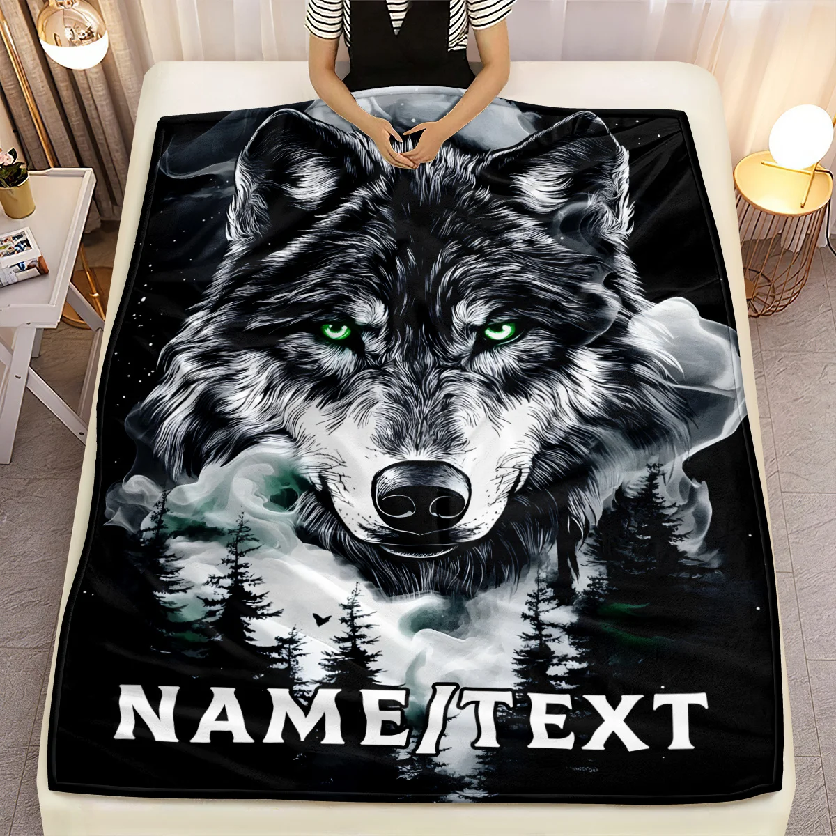 Customized name wolf blanket with soft flannel personalized forest wolf design, lightweight and warm, perfect for family travel