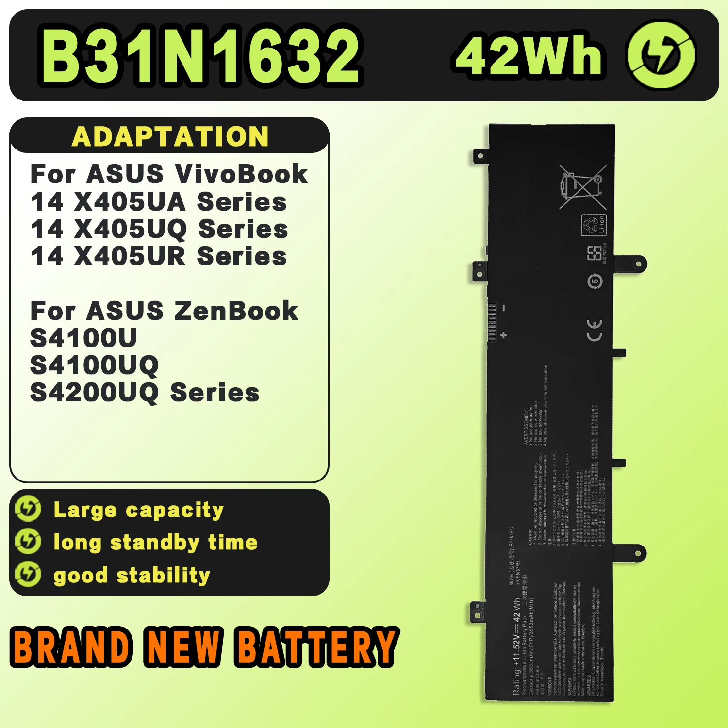 SAT B31N1632 New Laptop Batteries Replacement For ASUS S4100U S4000U ZenbookX405 11.52V-42Wh-3653mAh