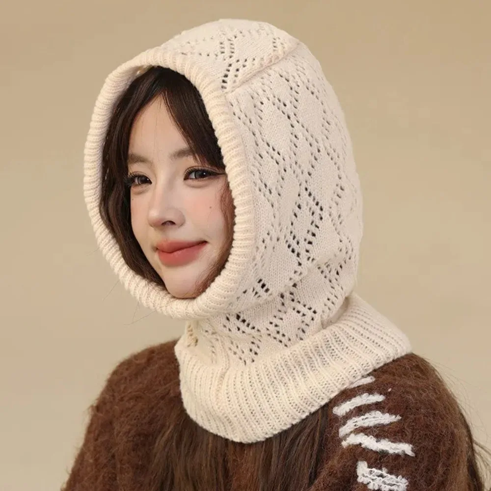 New One-Piece Winter Balaclava Hats Hollow Out Keep Warm Knitted Hooded Caps Solid Color Hooded Scarf Hat