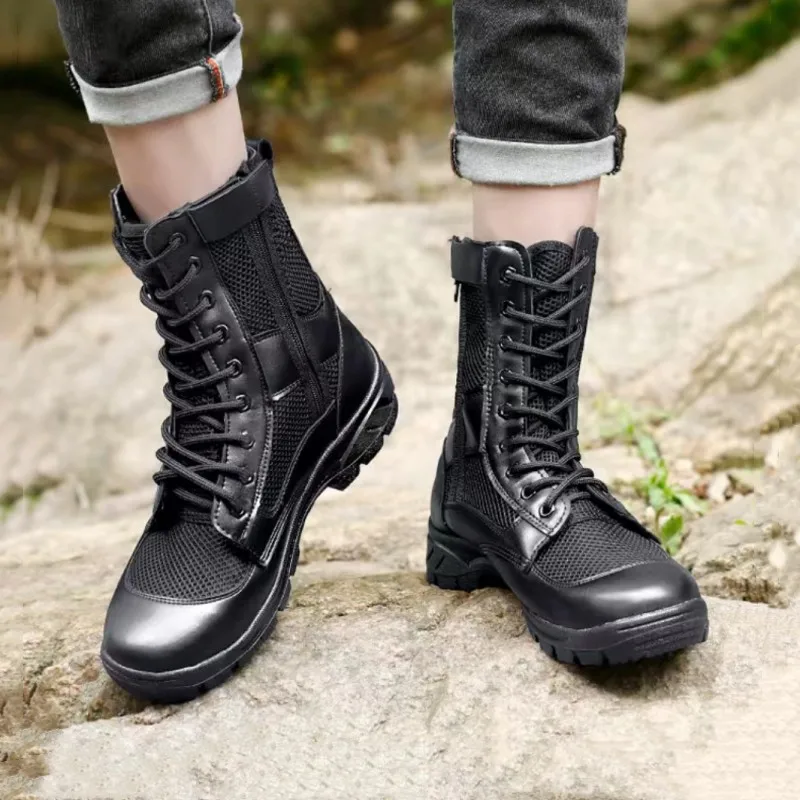 Fashion Men Ultra Light Boots Side Zip Lace-up Shoe Breathable Mesh Canvas Summer Boot Outdoor Hiking Climbing Walking Shoes