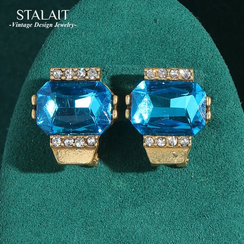 Vintage Square Sea Blue Crystal Earrings For Woman Stud Rhinestones Bohemian Jewelry Luxury Antique Gold Color Accessories