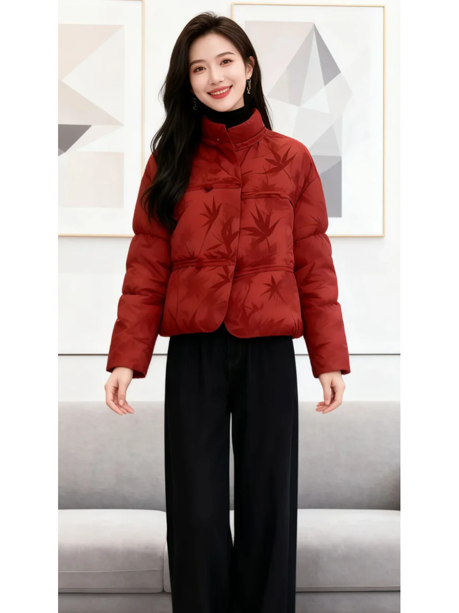 

Red Chinese Style Short down Cotton Jacket Women's Winter New Design Buttoned Tang Suit Outerwear Korean Loose Fit Coat